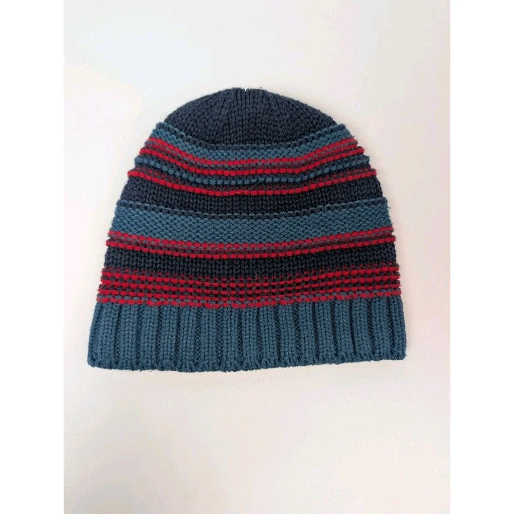 Columbia Knit Beanie Hat Blue Red Striped Fleece Lined Unisex Winter Cap